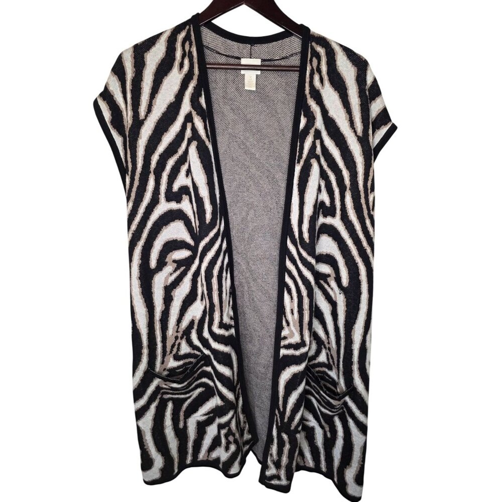 Chicos Zebra Print Open Front Cardigan Vest Size 3 XL Faux Leather Trim